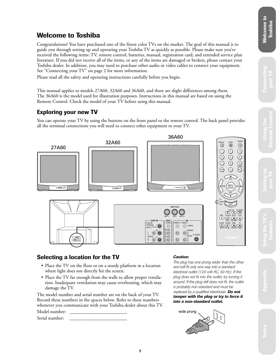 Welcome to toshiba, Exploring your new tv, Selecting a location for the tv | Ref er ence | Toshiba 27A60 User Manual | Page 7 / 44