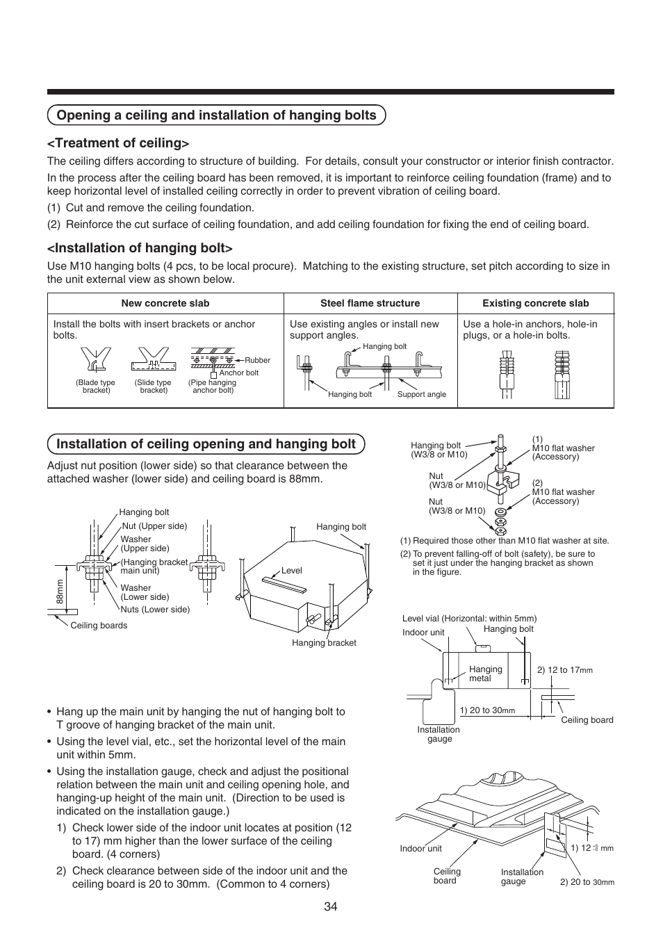 Installation of hanging bolt, Installation of ceiling opening and hanging bolt | Toshiba RAV-SM1100UT-E User Manual | Page 37 / 80