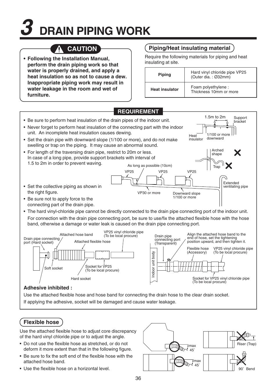 Drain piping work, Caution, Requirement | Flexible hose, Piping/heat insulating material | Toshiba RAV-SM1100UT-E User Manual | Page 39 / 80