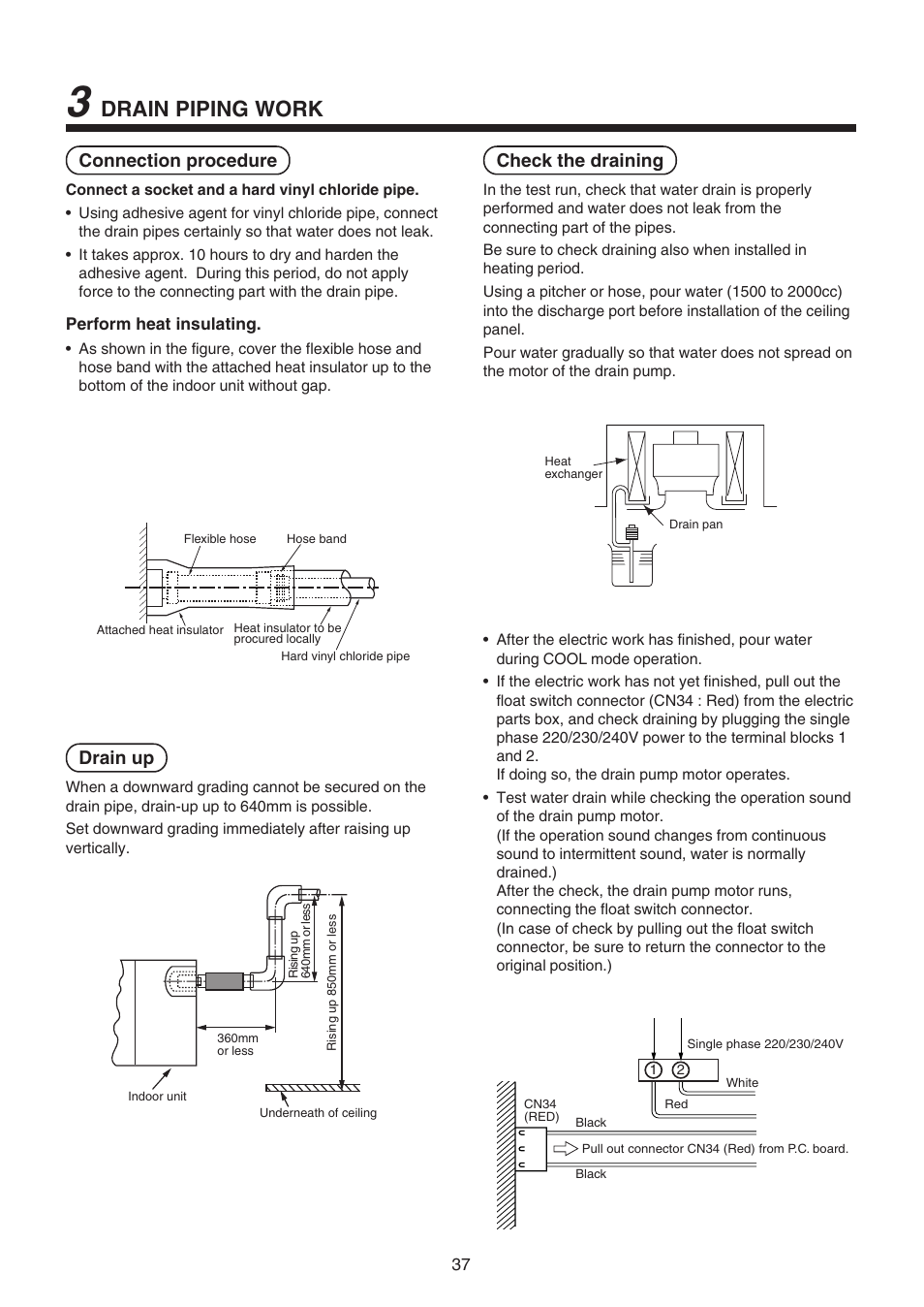 Drain piping work, Connection procedure, Drain up | Check the draining | Toshiba RAV-SM1100UT-E User Manual | Page 40 / 80