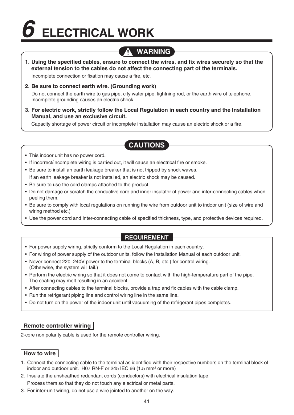 Electrical work, Warning, Cautions | Toshiba RAV-SM1100UT-E User Manual | Page 44 / 80