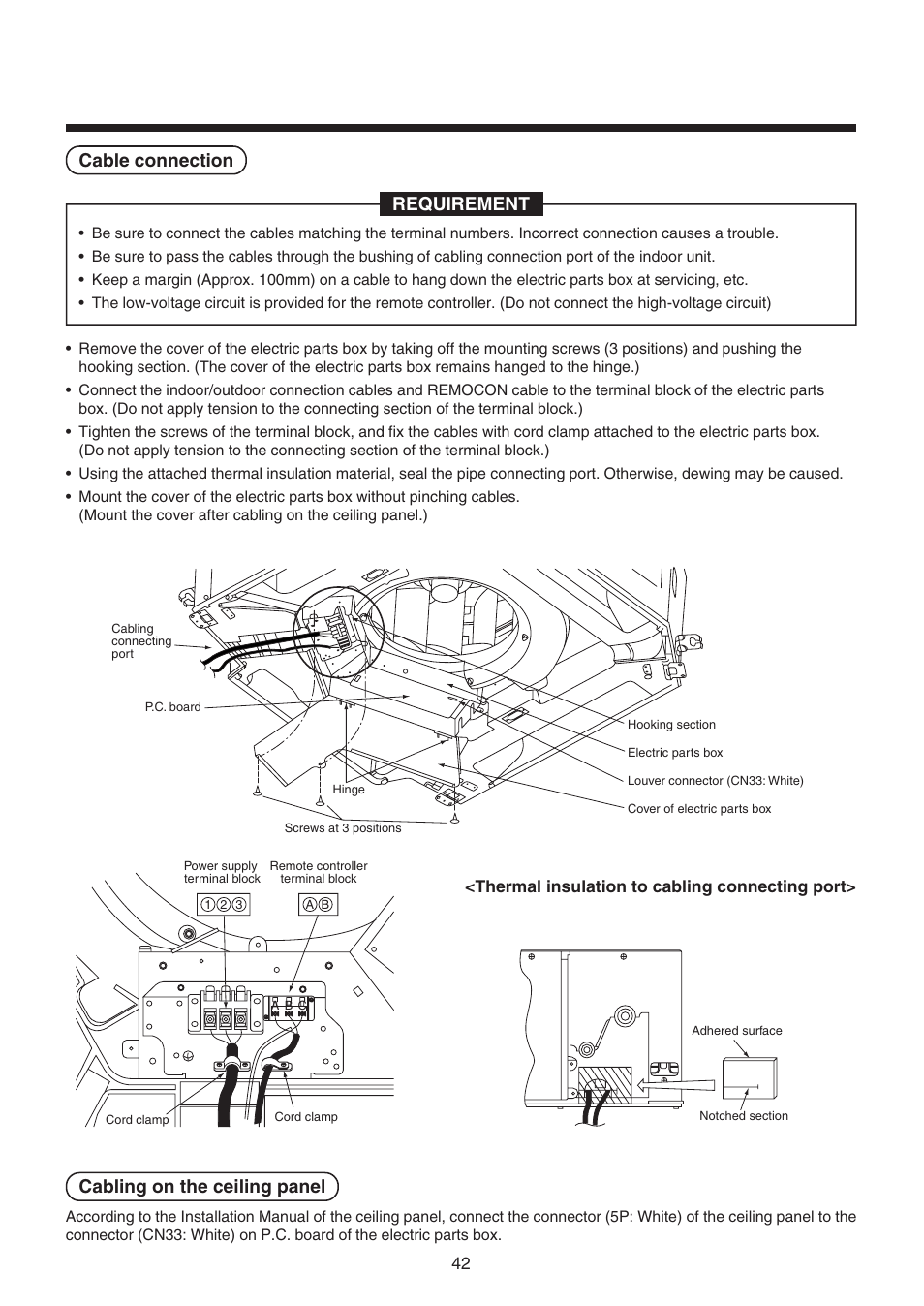 Cable connection requirement, Cabling on the ceiling panel | Toshiba RAV-SM1100UT-E User Manual | Page 45 / 80