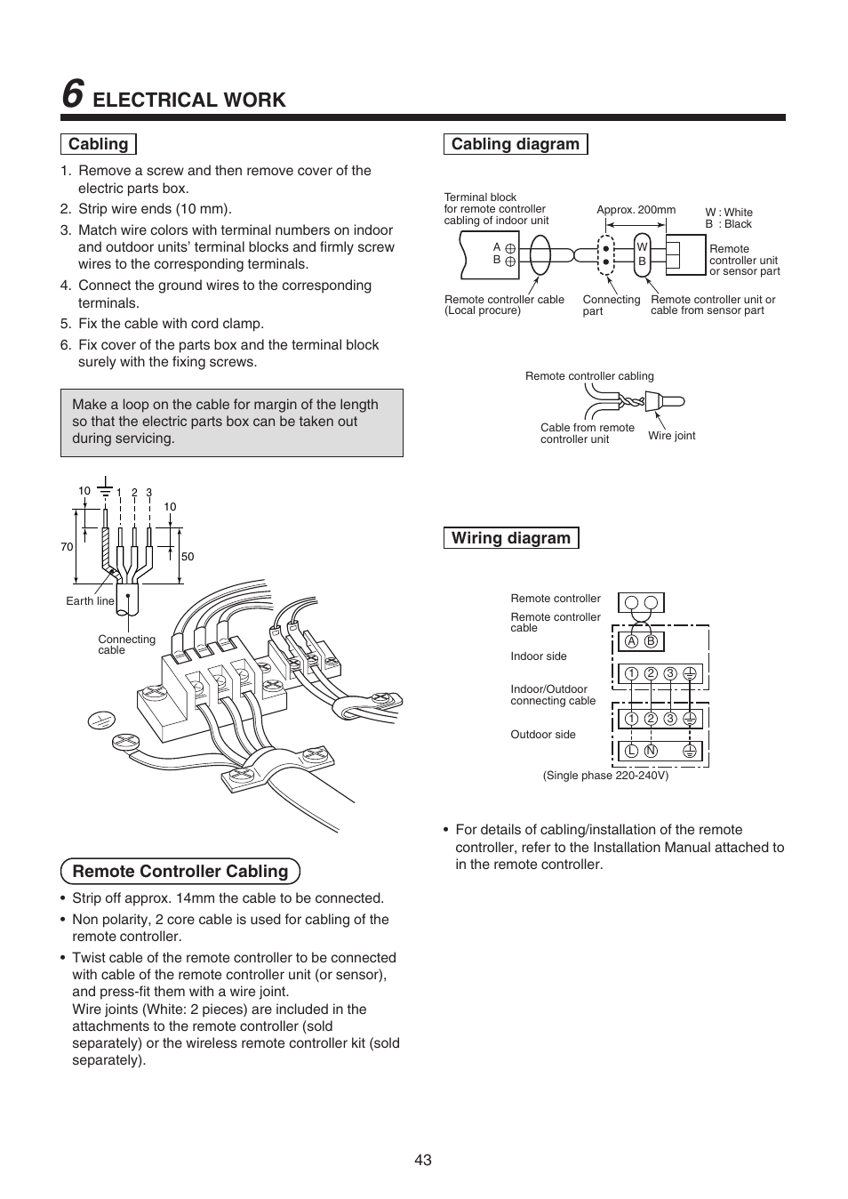 Electrical work, Remote controller cabling, Cabling | Cabling diagram, Wiring diagram | Toshiba RAV-SM1100UT-E User Manual | Page 46 / 80