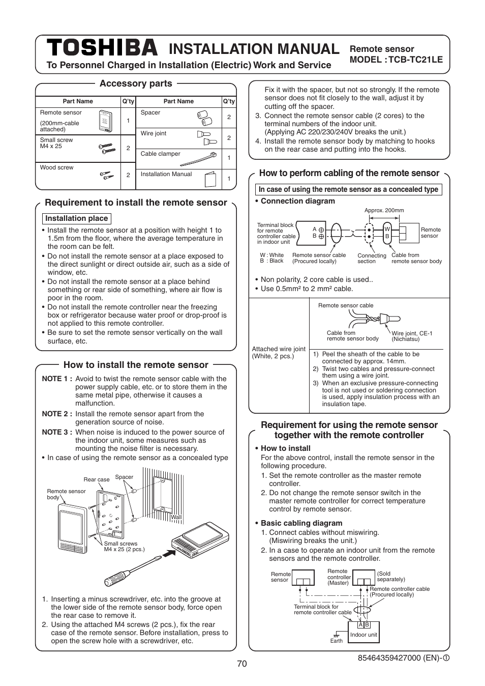 Installation manual, How to install the remote sensor, How to perform cabling of the remote sensor | Remote sensor model : tcb-tc21le | Toshiba RAV-SM1100UT-E User Manual | Page 73 / 80