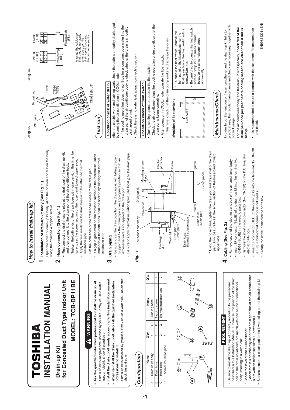 Installation manual, Model: tcb-dp11be, Drain-up kit for concealed duct type indoor unit | Warning, Configuration, How to install drain-up kit, Test run, Maintenance/check | Toshiba RAV-SM1100UT-E User Manual | Page 74 / 80