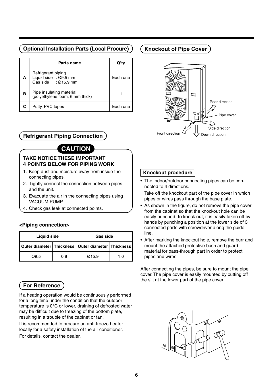 Caution, Refrigerant piping connection, For reference | Optional installation parts (local procure), Knockout of pipe cover | Toshiba RAV-SM1100UT-E User Manual | Page 9 / 80