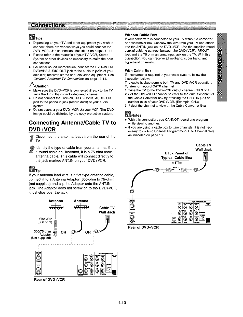 Tips, Caution, Connecting antenna/cable tv to dvd-t-vcr | Antenna, Without cable box, With cable box, Notes, Rear of dvd+vcr, Connections | Toshiba SD-V290-S-TU User Manual | Page 11 / 46