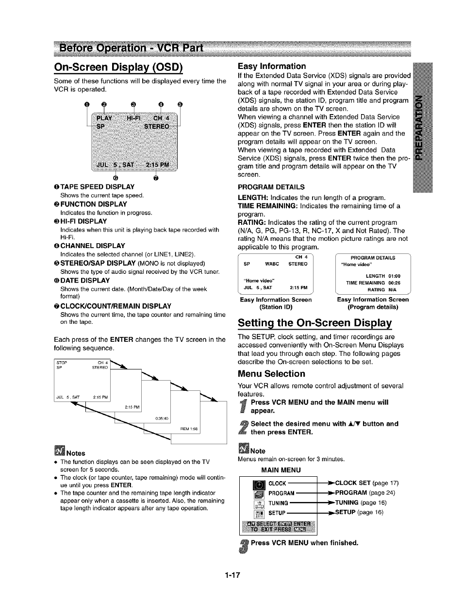 On-screen display (osd), Tape speed display, Hi-fi display | Channel display, Clock/count^emain display, Program details, Setting the on-screen display, Menu selection, On-screen display(osd), Before operation - vcr part | Toshiba SD-V290-S-TU User Manual | Page 15 / 46