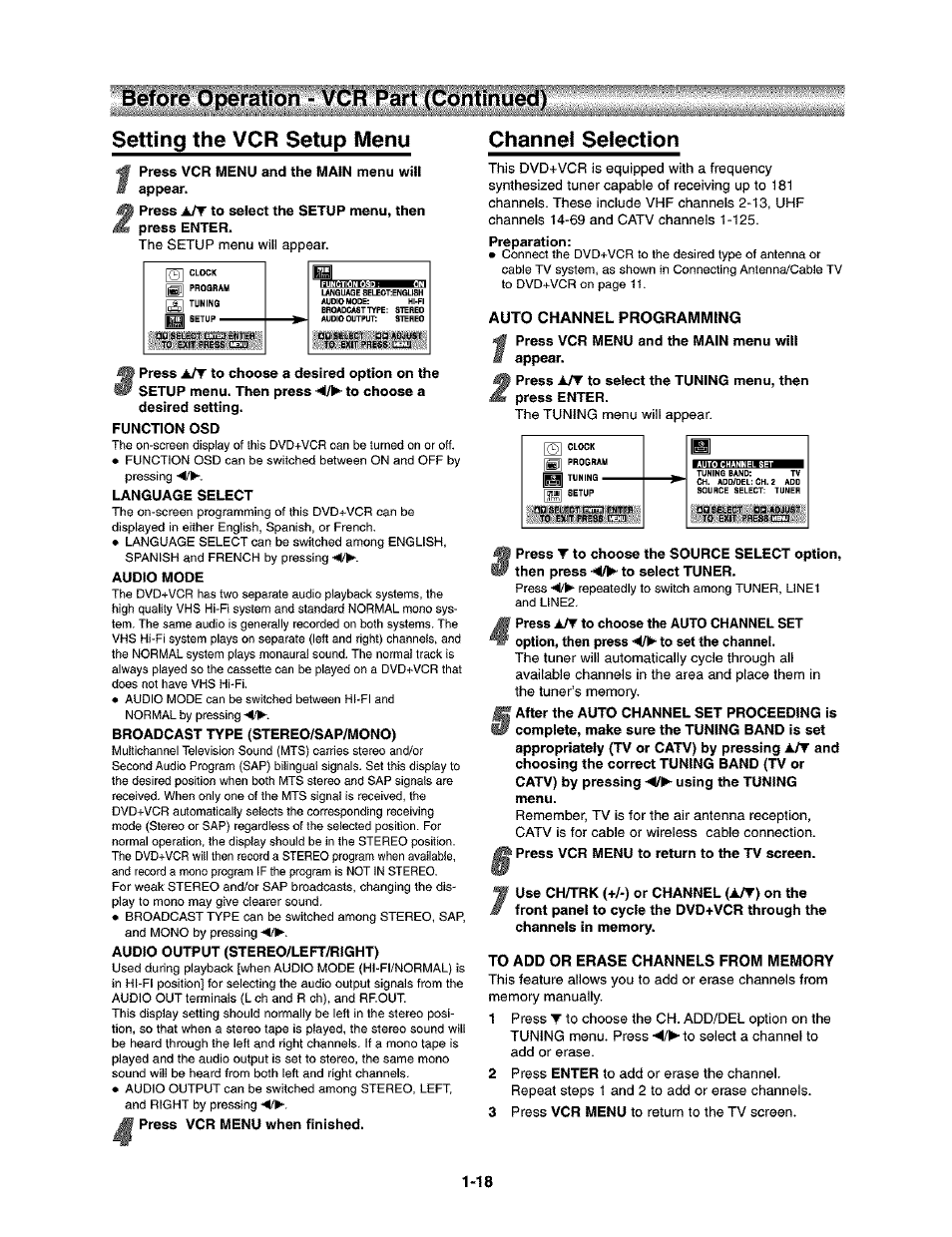 Setting the vcr setup menu, Channel selection, Auto channel programming | To add or erase channels from memory, Before operation - vcr part (continued) | Toshiba SD-V290-S-TU User Manual | Page 16 / 46