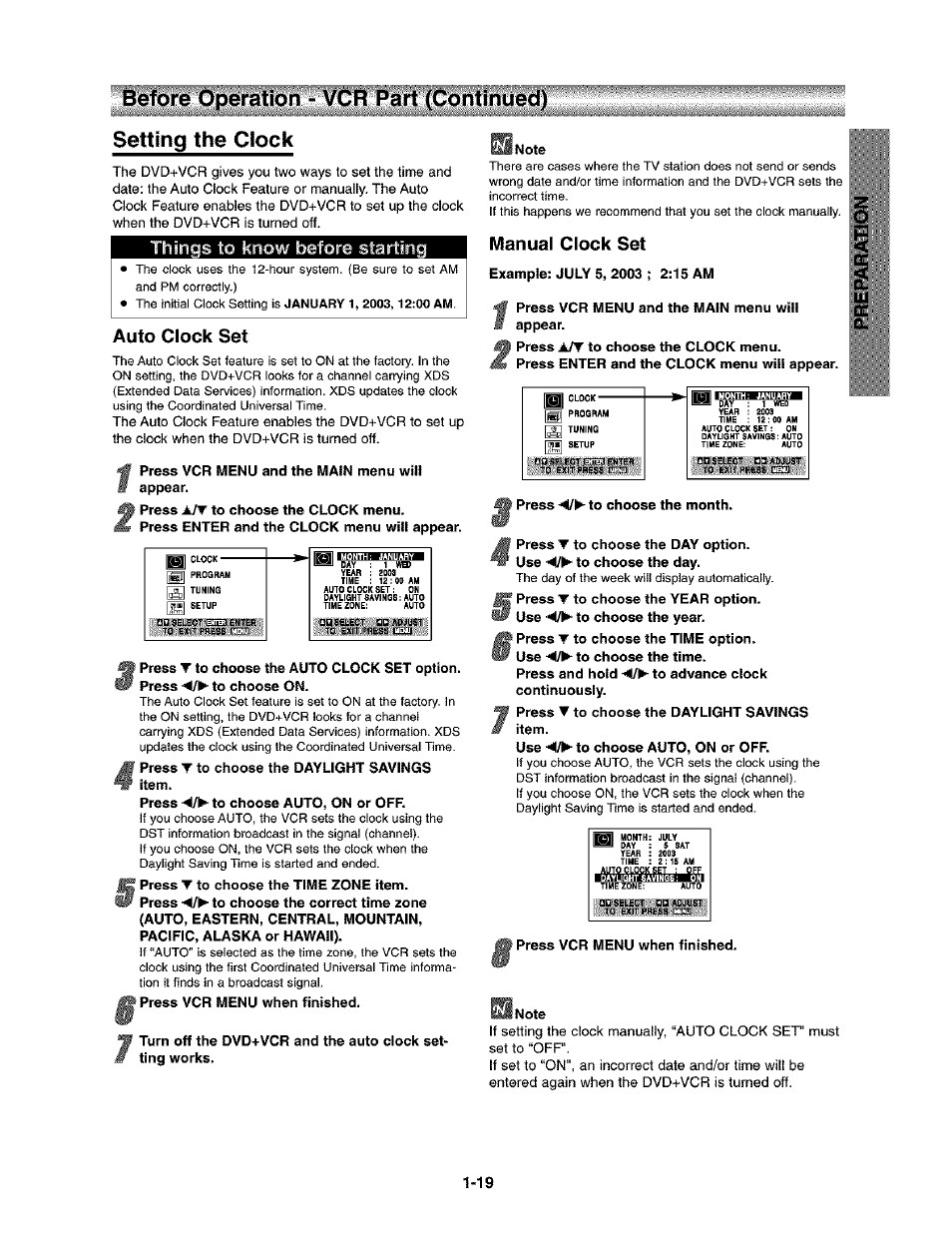 Setting the ciock, Auto clock set, Manual clock set | Setting the clock, Before operation - vcr part (continued), Things to know before starting | Toshiba SD-V290-S-TU User Manual | Page 17 / 46