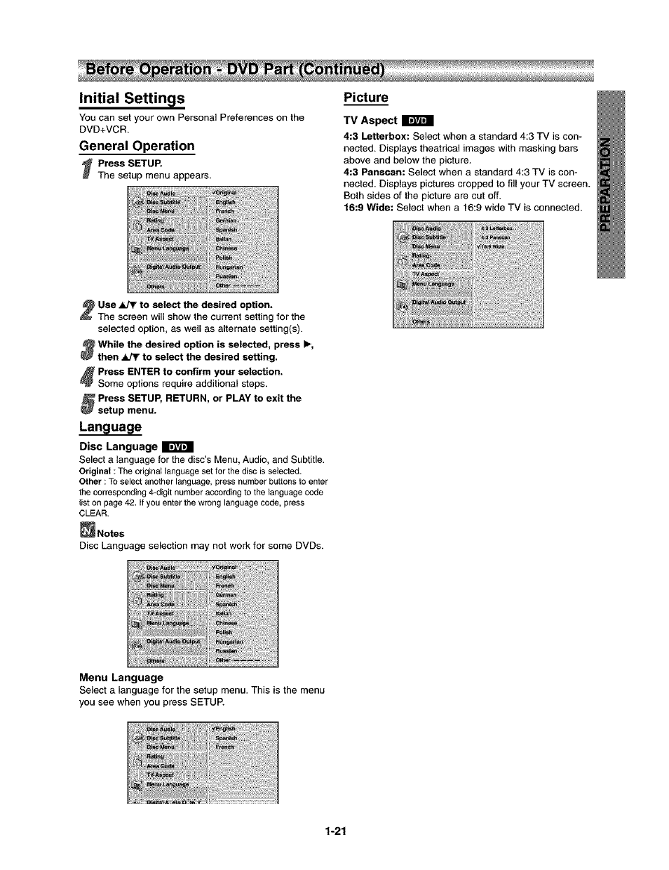 Initial settings, General operation, Picture | Tv aspect g|£in, I use jt/t to select the desired option, Language, Disc language, 9 notes, Menu language, Initial settings -22 | Toshiba SD-V290-S-TU User Manual | Page 19 / 46