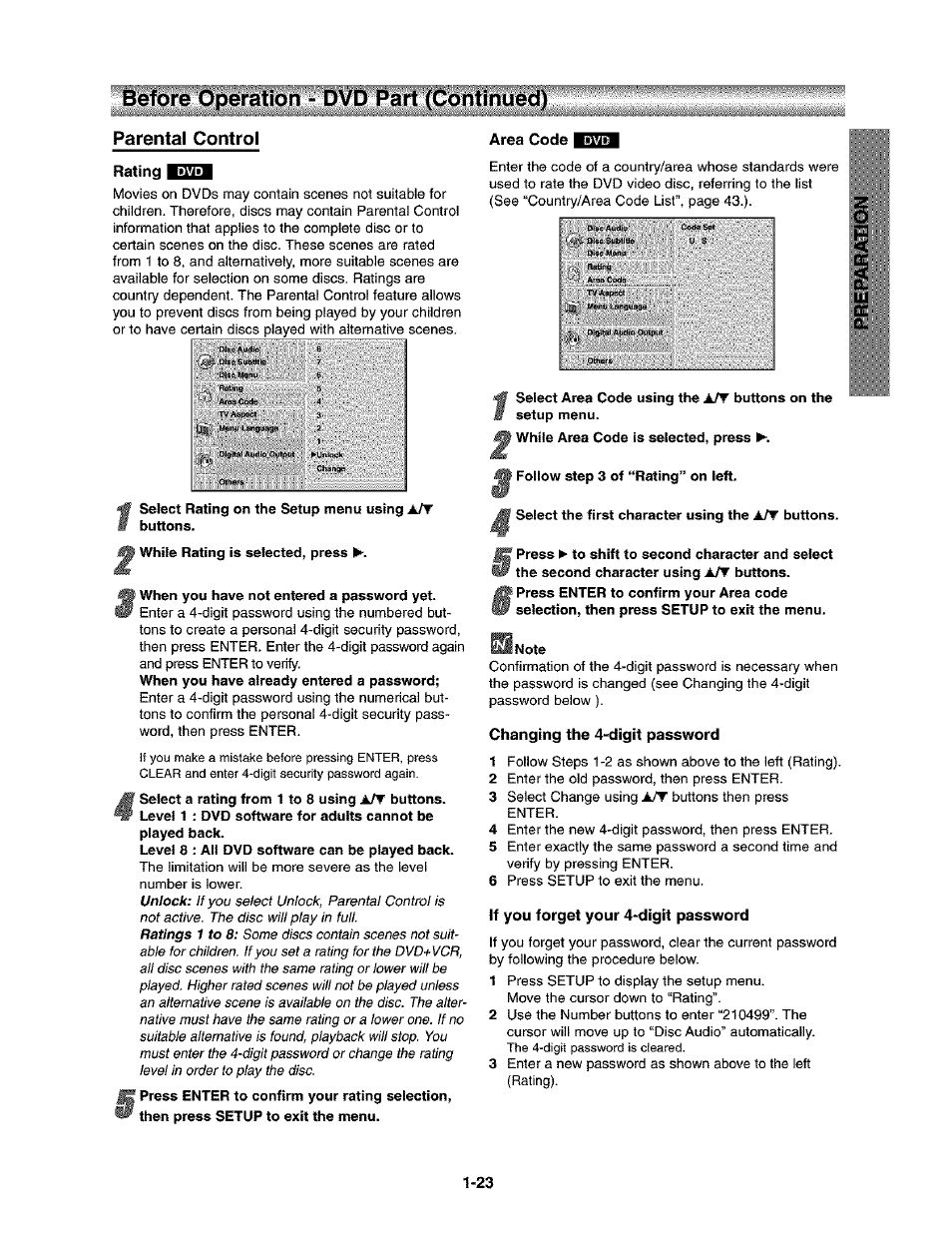 Parental control, Rating 1*03, Select rating on the setup menu using ajw buttons | When you have not entered a password yet, Area code 13h, 2wh„.a..cod.,sse,ec»a,p™=s, Hnote, Changing the 4-digit password, If you forget your 4-digit password, Before operation - dvd part (continued) | Toshiba SD-V290-S-TU User Manual | Page 21 / 46