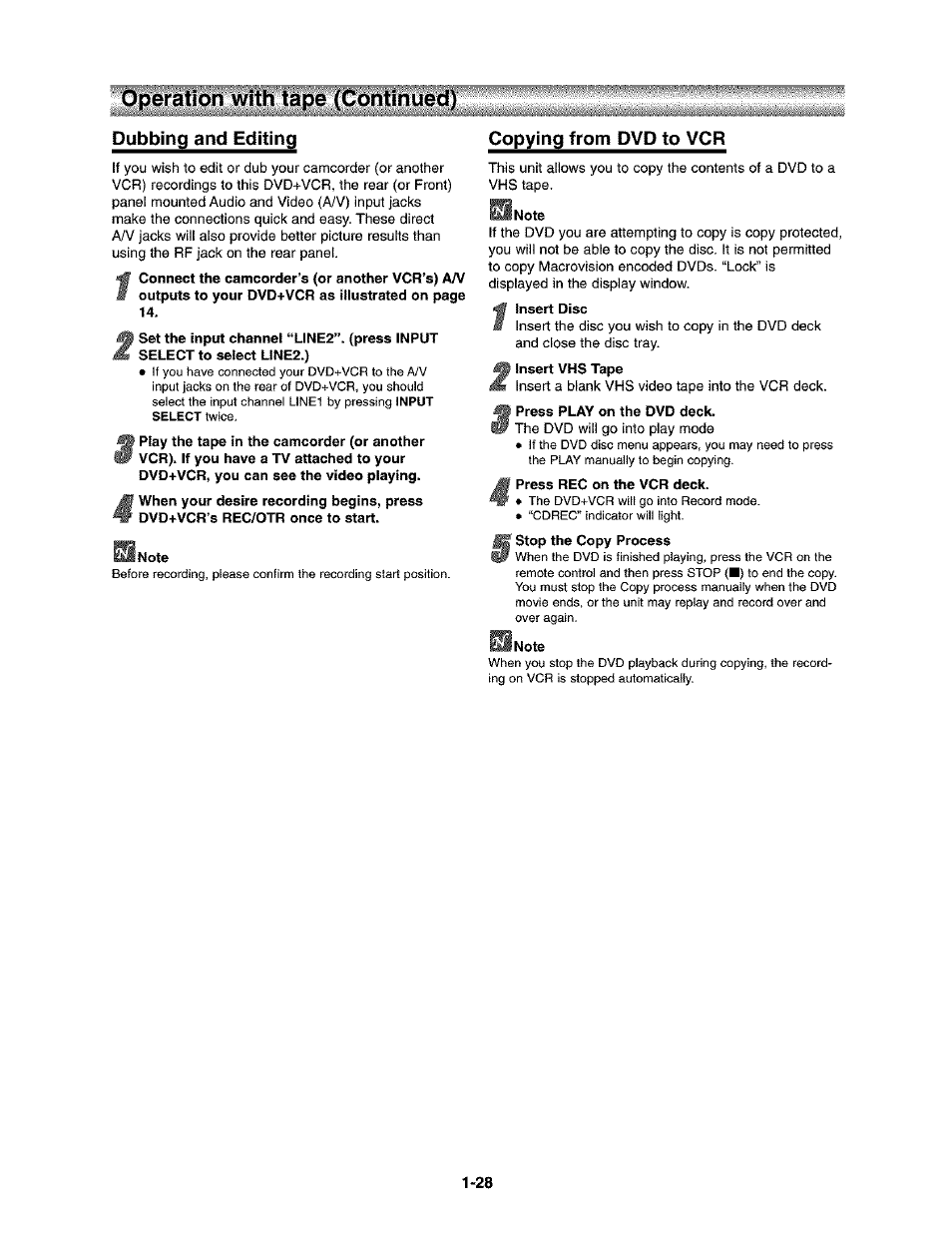 Dubbing and editing, Copying from dvd to vcr, Operation with tape (continued) | Toshiba SD-V290-S-TU User Manual | Page 26 / 46