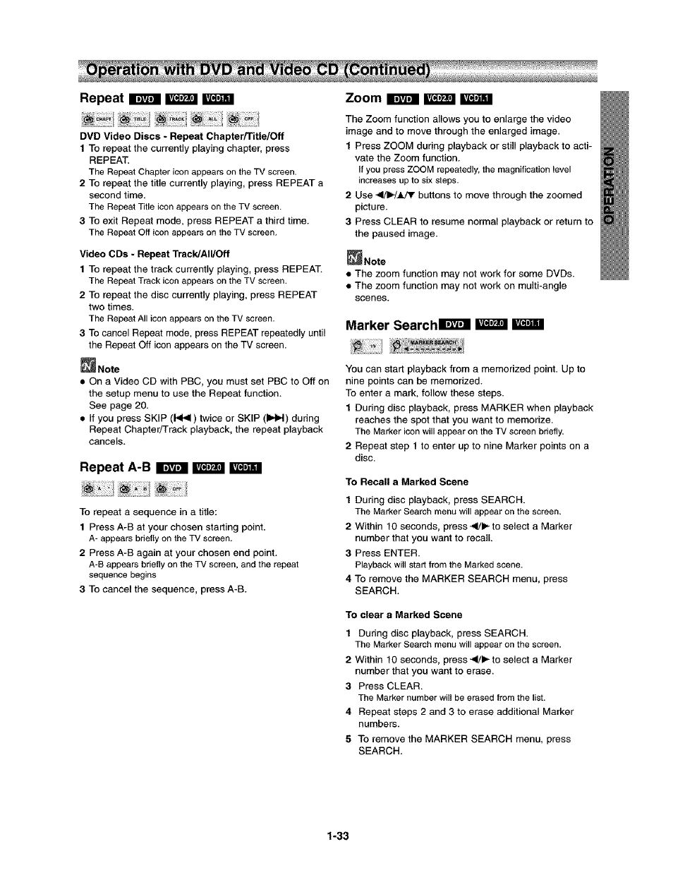 Repeat, Dvd video discs - repeat chapter/title/off, Video cds - repeat track/aii/off | 9 note, Repeat a-b, Marker searchl, To recall a marked scene, To clear a marked scene, Marker search, Operation with dvd and video cd (continued) | Toshiba SD-V290-S-TU User Manual | Page 31 / 46