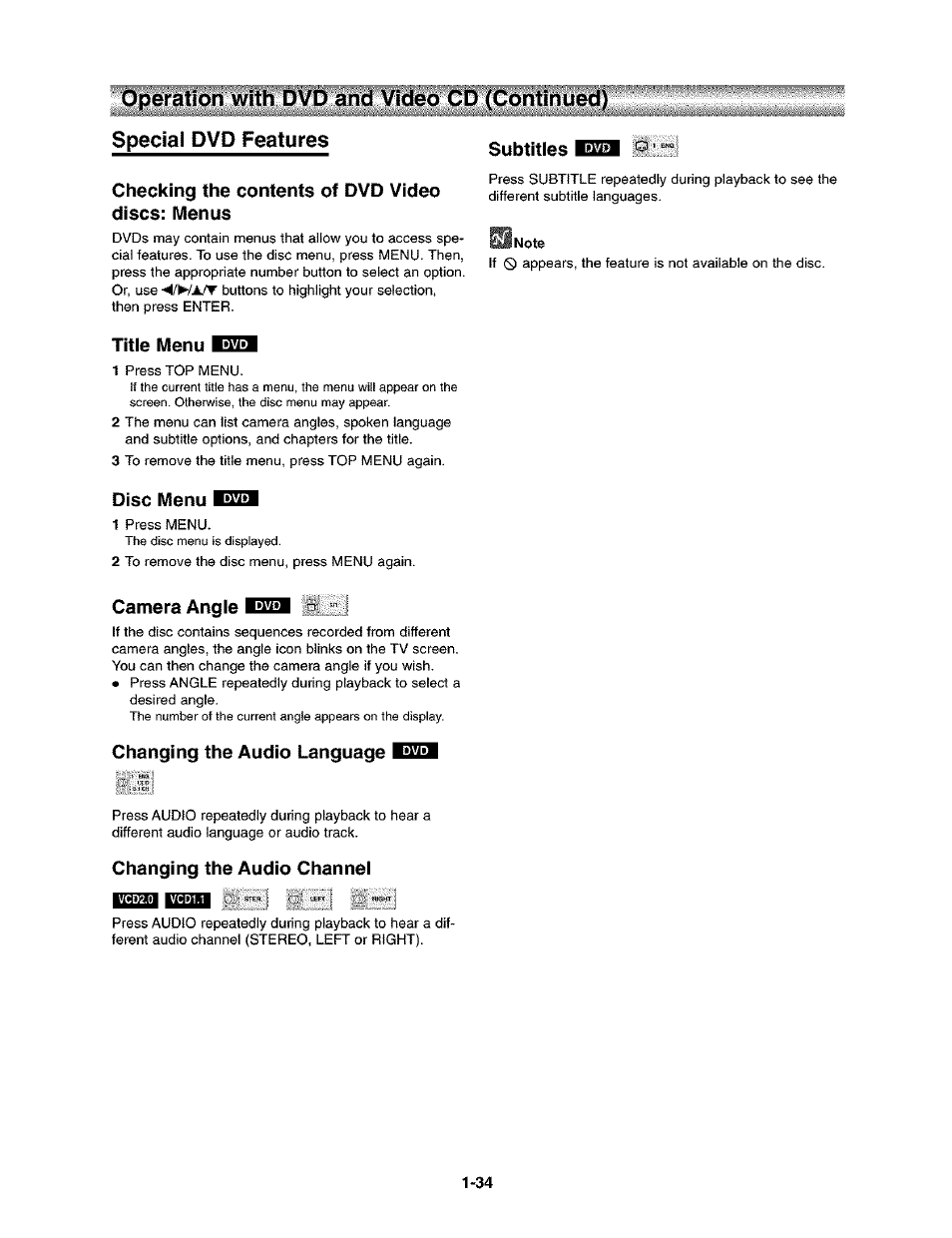 Speciai dvd features, Checking the contents of dvd video discs: menus, Subtitles kiiil | Title menu eqii, Disc menu eqil, Camera angle eqei j'* i, Changing the audio language 1333, Changing the audio channel, Special dvd features, Title menu | Toshiba SD-V290-S-TU User Manual | Page 32 / 46