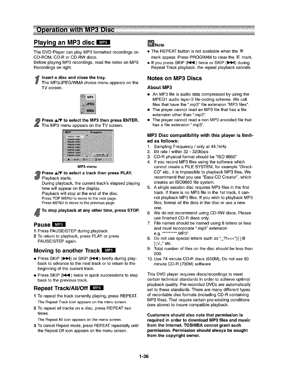 Piaying an mp3 disc lizl, I press a/t to select the mp3 then press enter, Press a/t to select a track then press play | To stop playback at any other time, press stop, Pause hiuea, Moving to another track imi, Repeat track/aii/off m, Hnote, Notes on mp3 discs, About mp3 | Toshiba SD-V290-S-TU User Manual | Page 34 / 46