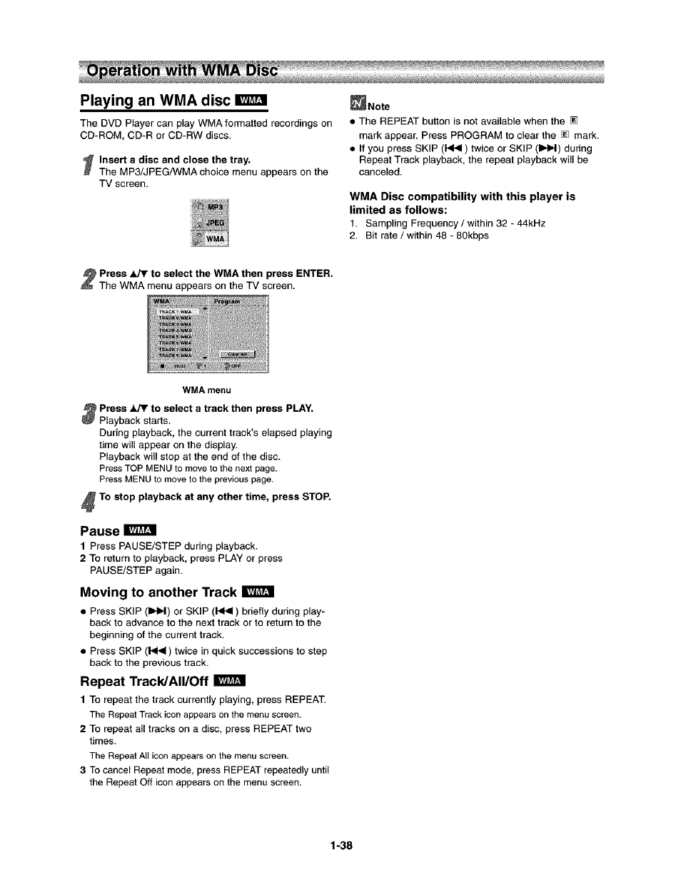 Piaying an wma disc wms3, Pause kimi, Moving to another track ei!i3 | Repeat track/aii/off eh, Playing an wma disc, M moving to another track • repeat track/all/off, Wms3, Operation with wma disc, Piaying an wma disc | Toshiba SD-V290-S-TU User Manual | Page 36 / 46