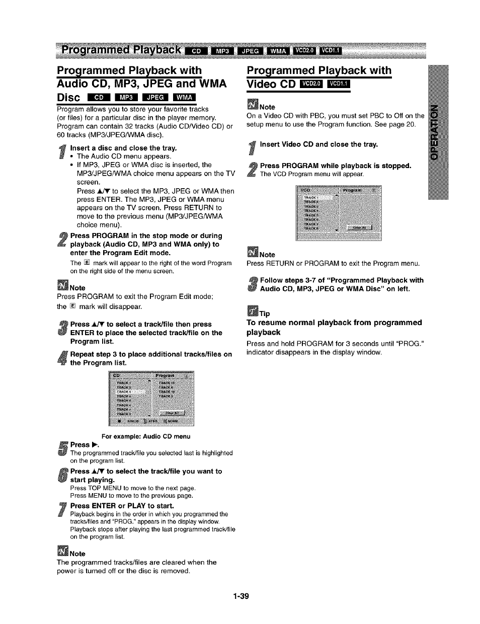 Programmed playback, Programmed playback with video cd em ед1, Note | To resume normal playback from programmed playback, Programmed playback with video cd | Toshiba SD-V290-S-TU User Manual | Page 37 / 46