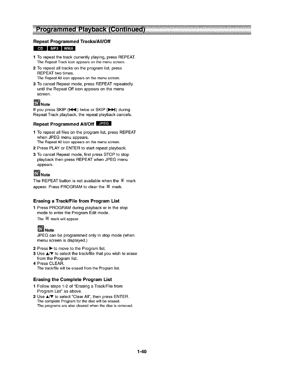 Repeat programmed tracks/all/off, Repeat programmed all/off, Erasing a track/file from program list | Erasing the complete program list, Programmed playback (continued) | Toshiba SD-V290-S-TU User Manual | Page 38 / 46