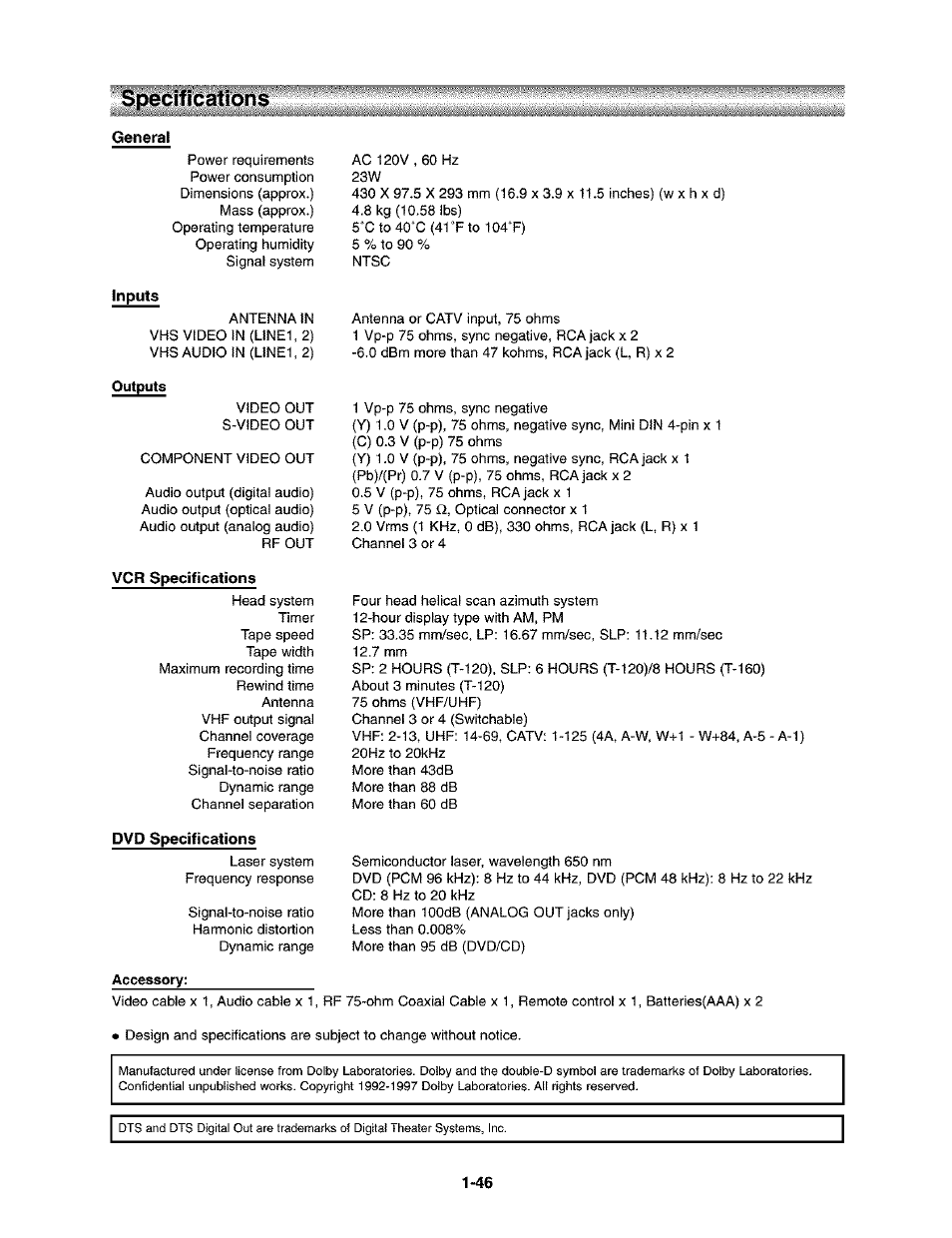 Specifications | Toshiba SD-V290-S-TU User Manual | Page 44 / 46