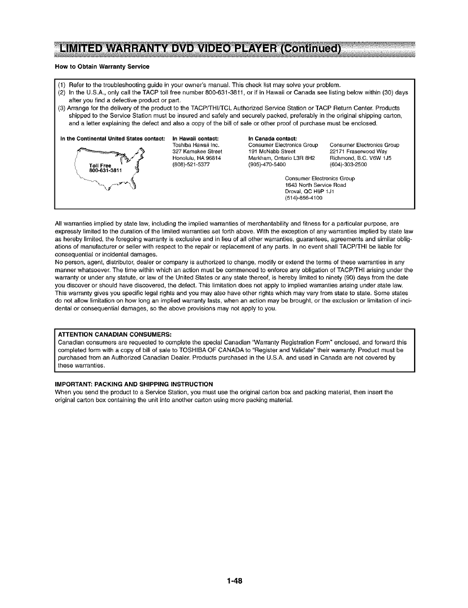 Limited warranty dvd video player (continued) | Toshiba SD-V290-S-TU User Manual | Page 46 / 46