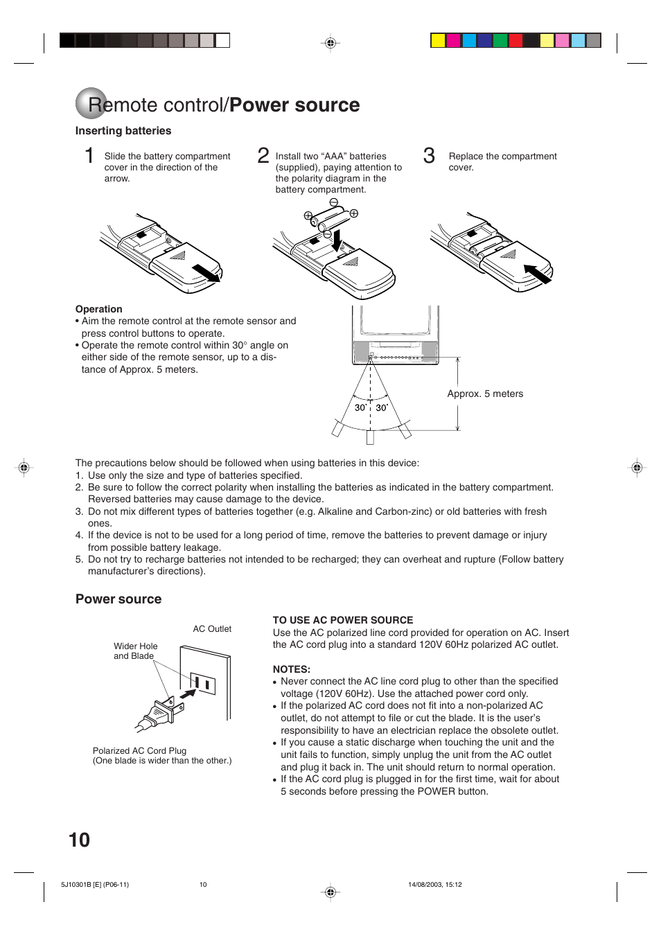 Remote control/ power source | Toshiba MD19N1C User Manual | Page 10 / 44