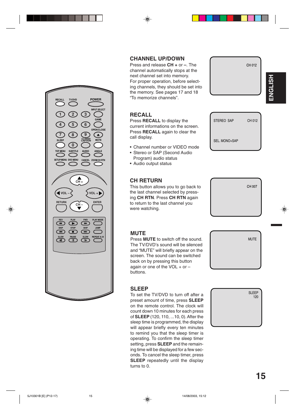 English, Recall, Channel up/down | Ch return, Sleep, Mute | Toshiba MD19N1C User Manual | Page 15 / 44