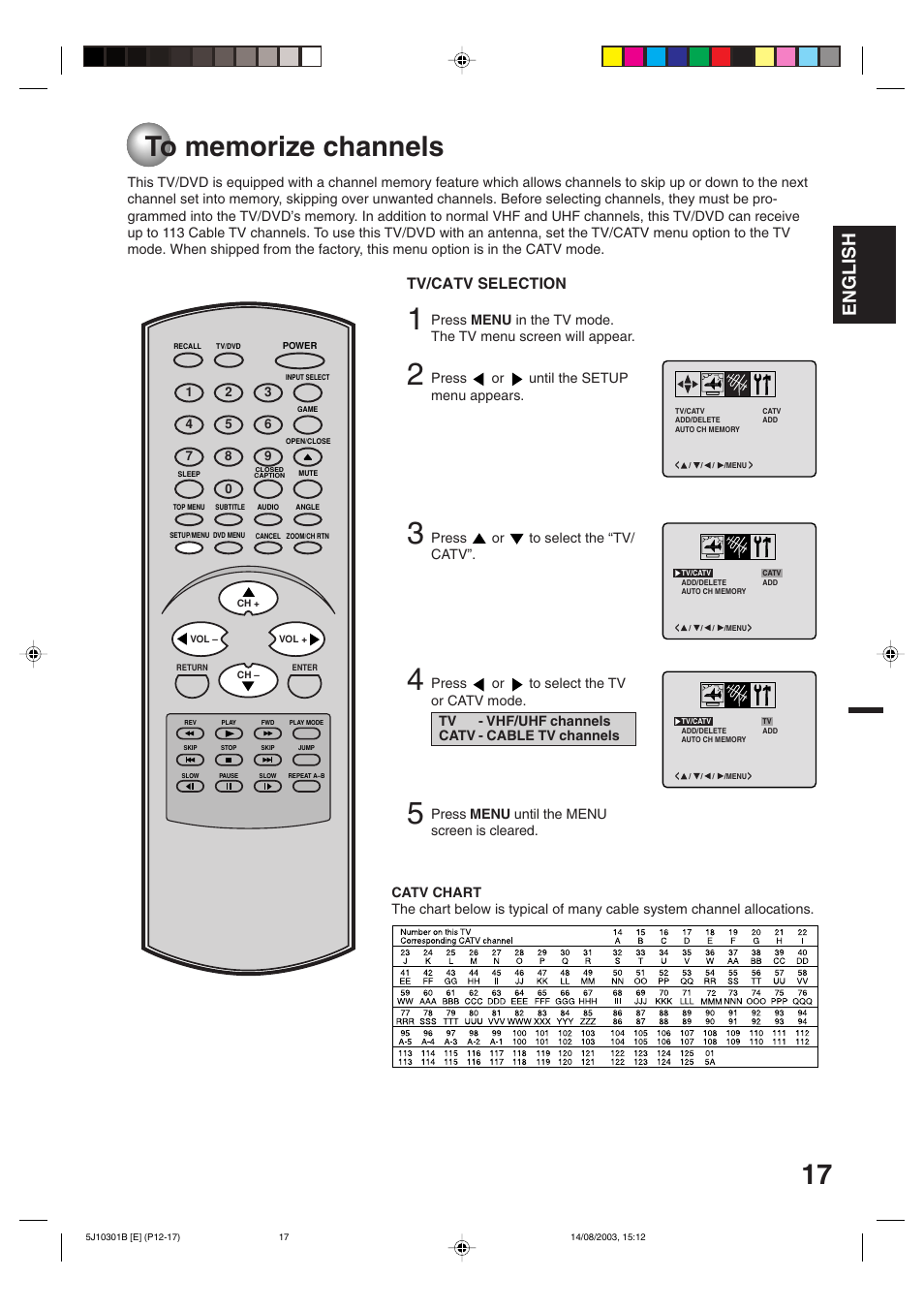 To memorize channels, English, Tv/catv selection | Toshiba MD19N1C User Manual | Page 17 / 44