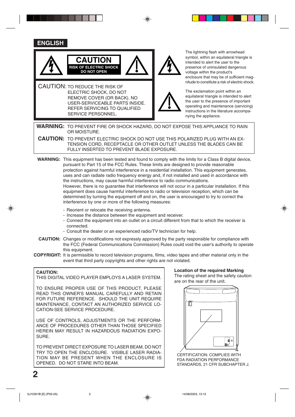Caution, English, Warning | Toshiba MD19N1C User Manual | Page 2 / 44