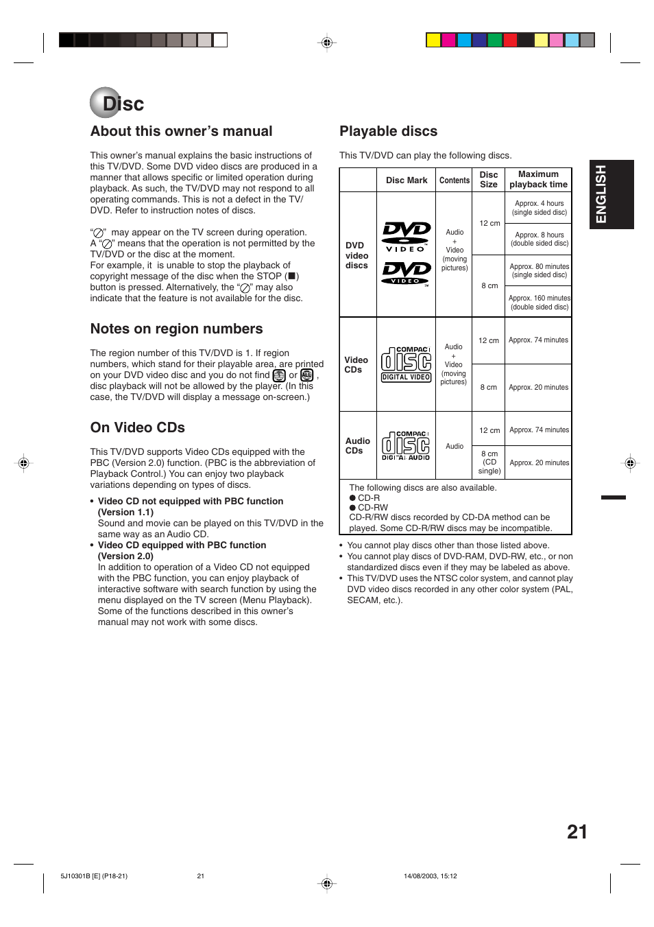 Playback operation, Disc, About this owner’s manual | On video cds, Playable discs, English | Toshiba MD19N1C User Manual | Page 21 / 44