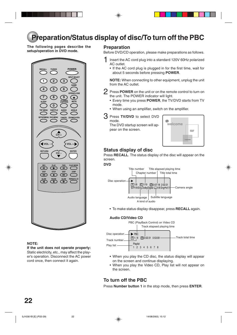 Status display of disc, Preparation | Toshiba MD19N1C User Manual | Page 22 / 44