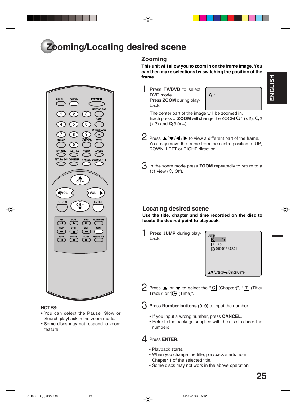 Advanced operation, Zooming/locating desired scene, English | Zooming, Locating desired scene | Toshiba MD19N1C User Manual | Page 25 / 44
