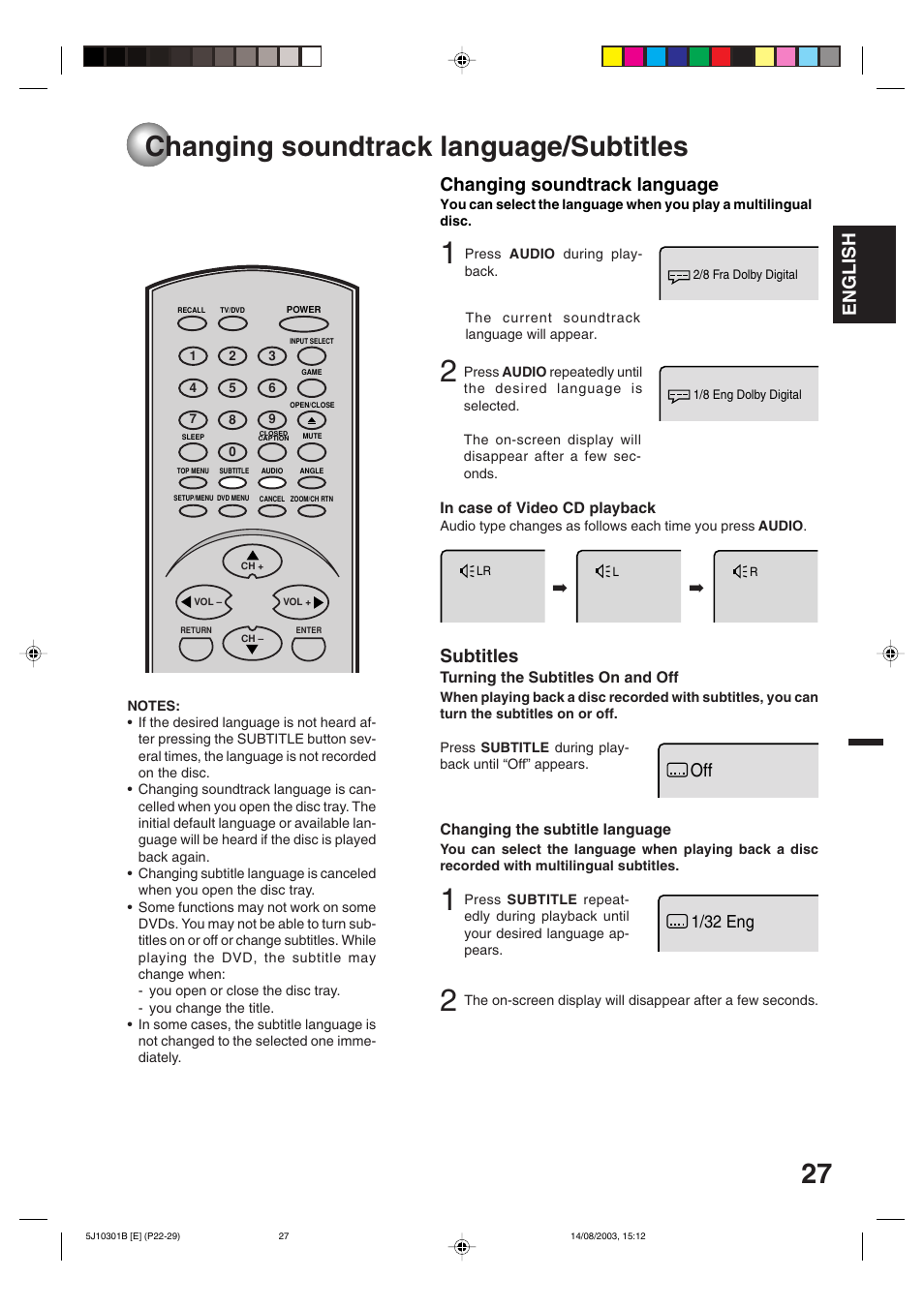Changing soundtrack language/subtitles, English, Subtitles | Changing soundtrack language, 1/32 eng | Toshiba MD19N1C User Manual | Page 27 / 44