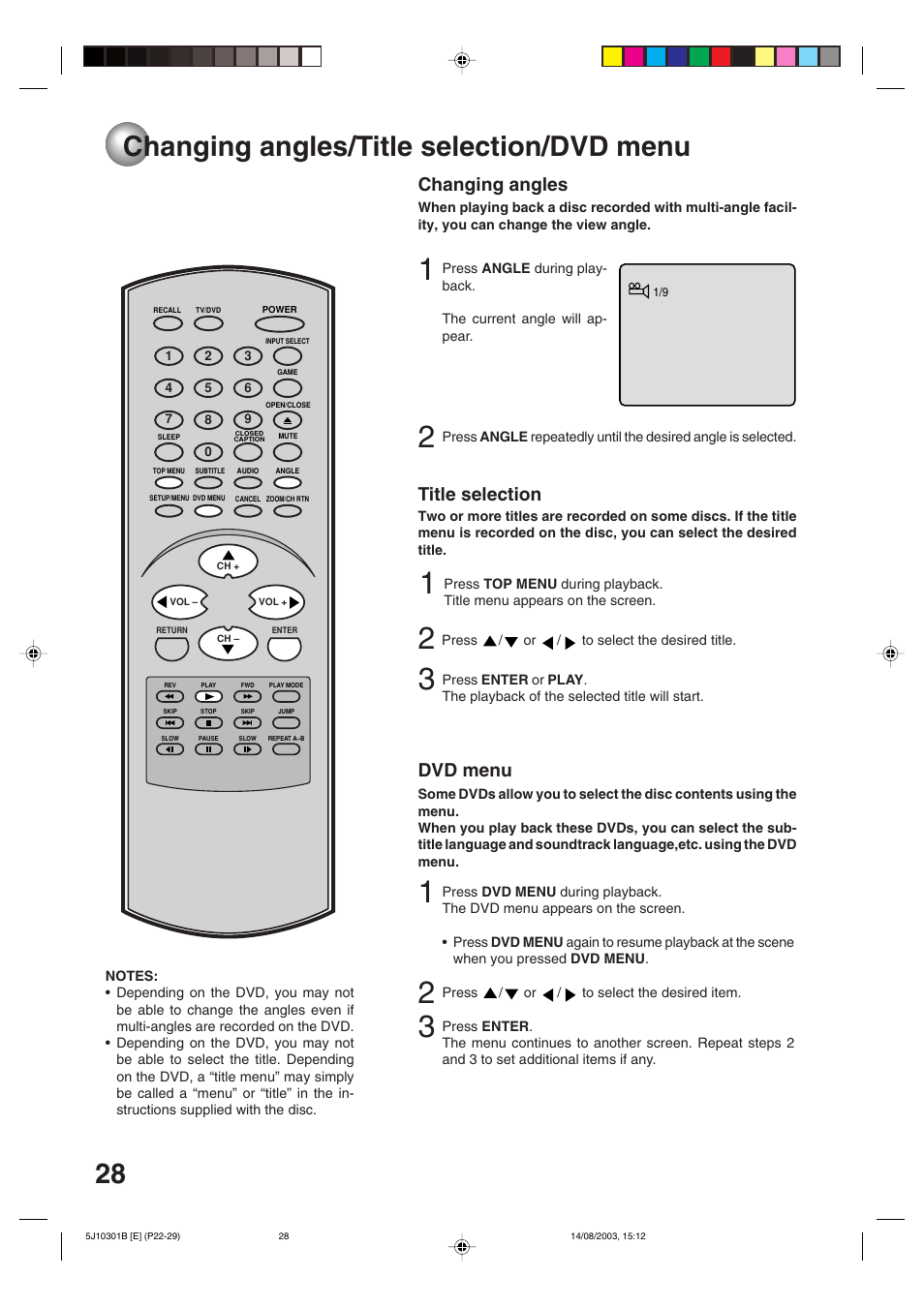 Changing angles/title selection/dvd menu, Changing angles, Title selection | Dvd menu | Toshiba MD19N1C User Manual | Page 28 / 44