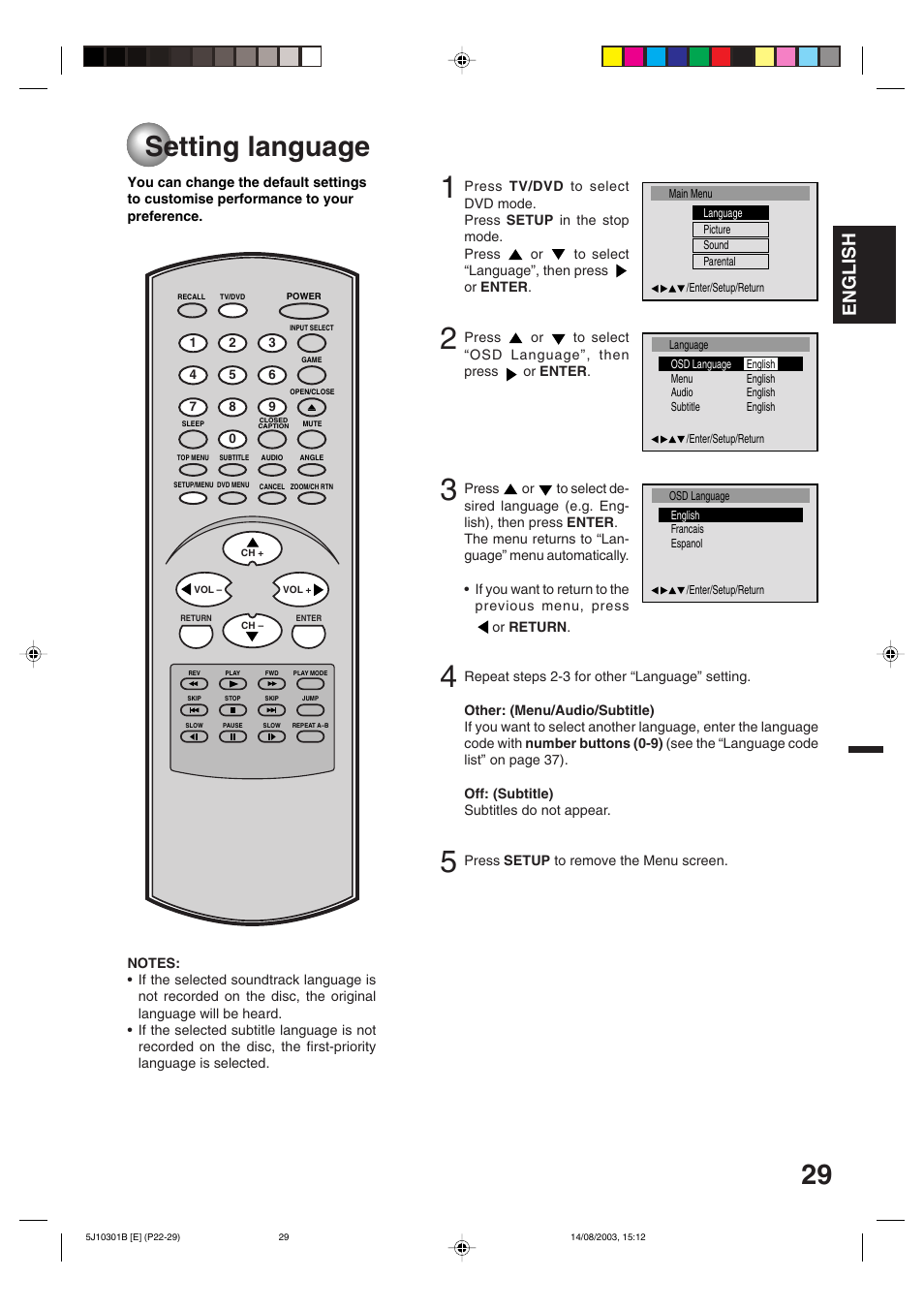 Additional information, Setting language, English | Toshiba MD19N1C User Manual | Page 29 / 44