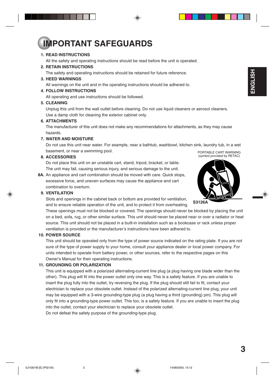 Safeguards, Important safeguards, English | Toshiba MD19N1C User Manual | Page 3 / 44