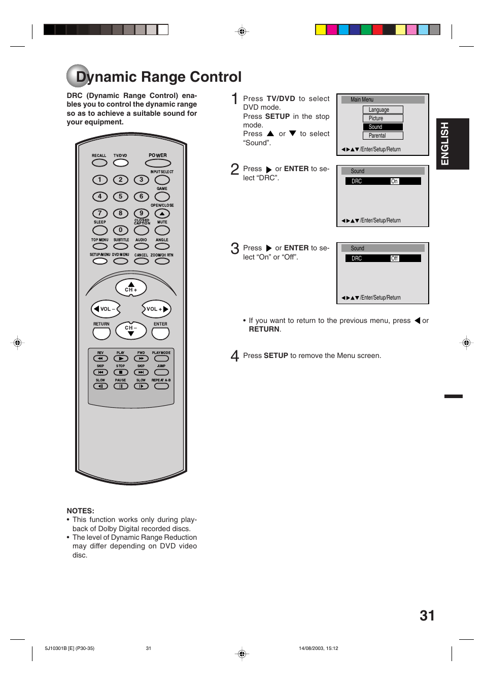 Dynamic range control, English | Toshiba MD19N1C User Manual | Page 31 / 44