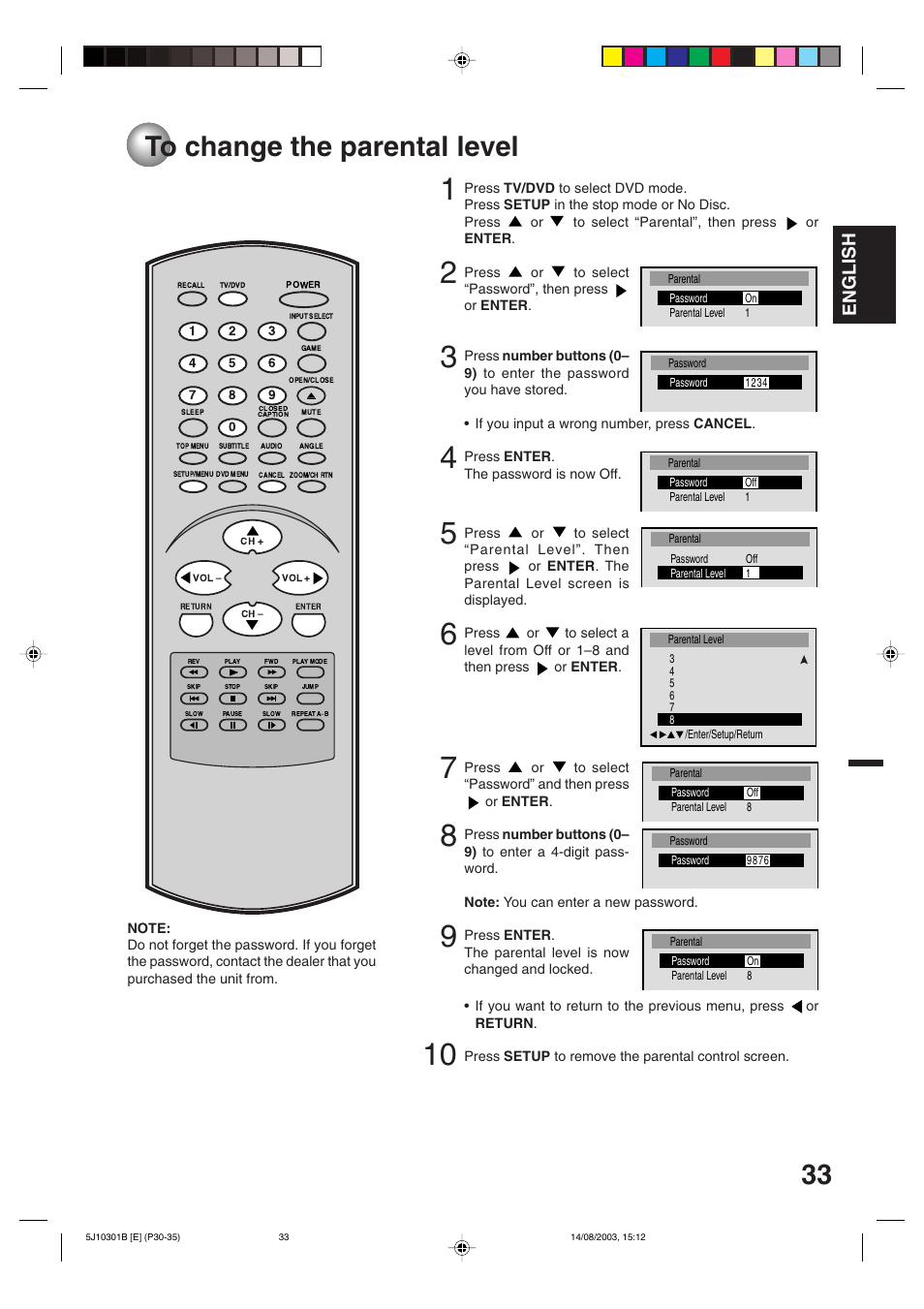 To change the parental level, English | Toshiba MD19N1C User Manual | Page 33 / 44