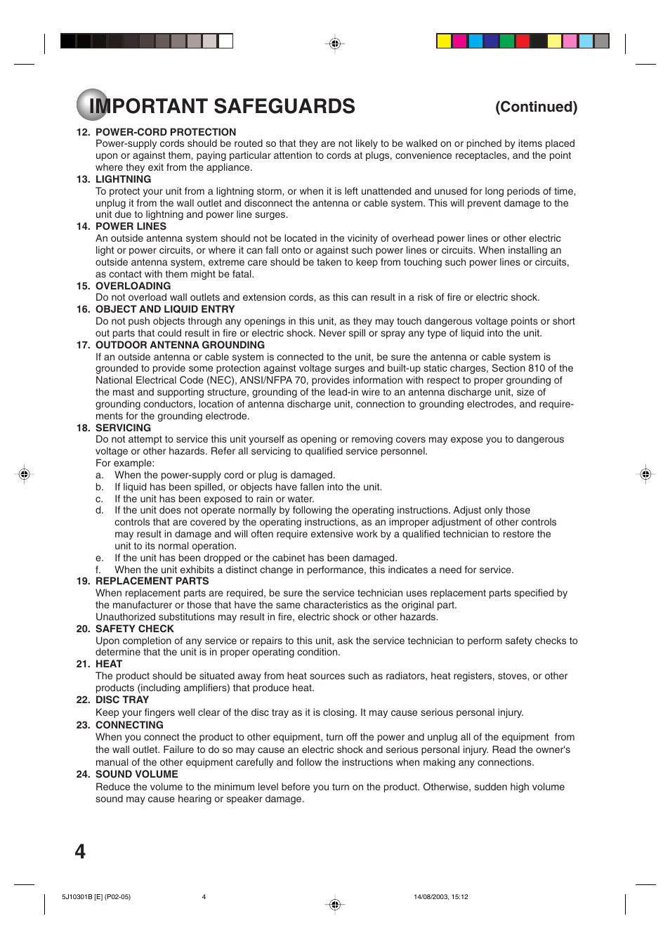 4important safeguards, Continued) | Toshiba MD19N1C User Manual | Page 4 / 44