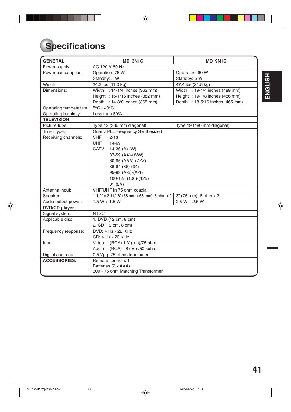 Specifications, English | Toshiba MD19N1C User Manual | Page 41 / 44