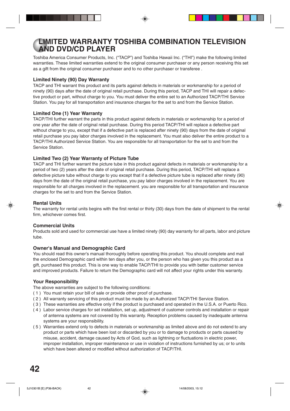 Limited warranty | Toshiba MD19N1C User Manual | Page 42 / 44