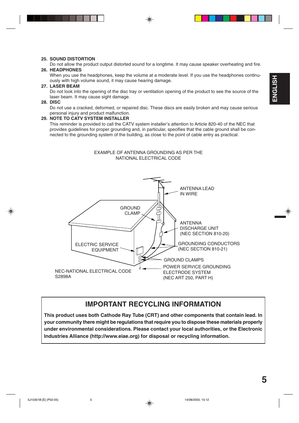 Important recycling information, English | Toshiba MD19N1C User Manual | Page 5 / 44