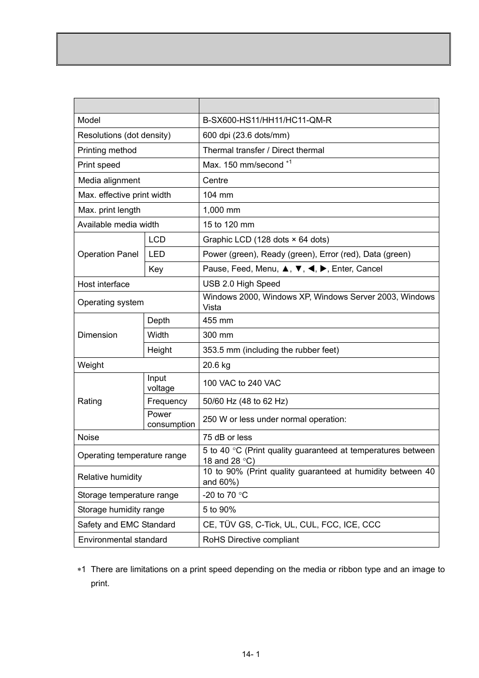 Specifications, 1 printer (model with a usb interface) | Toshiba B-SX600 SERIES User Manual | Page 103 / 109