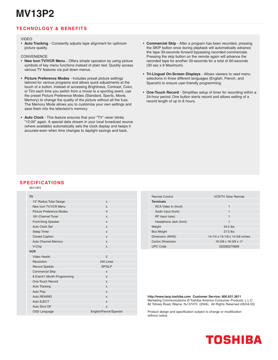 Mv13p2 | Toshiba MV13P2 User Manual | Page 2 / 2