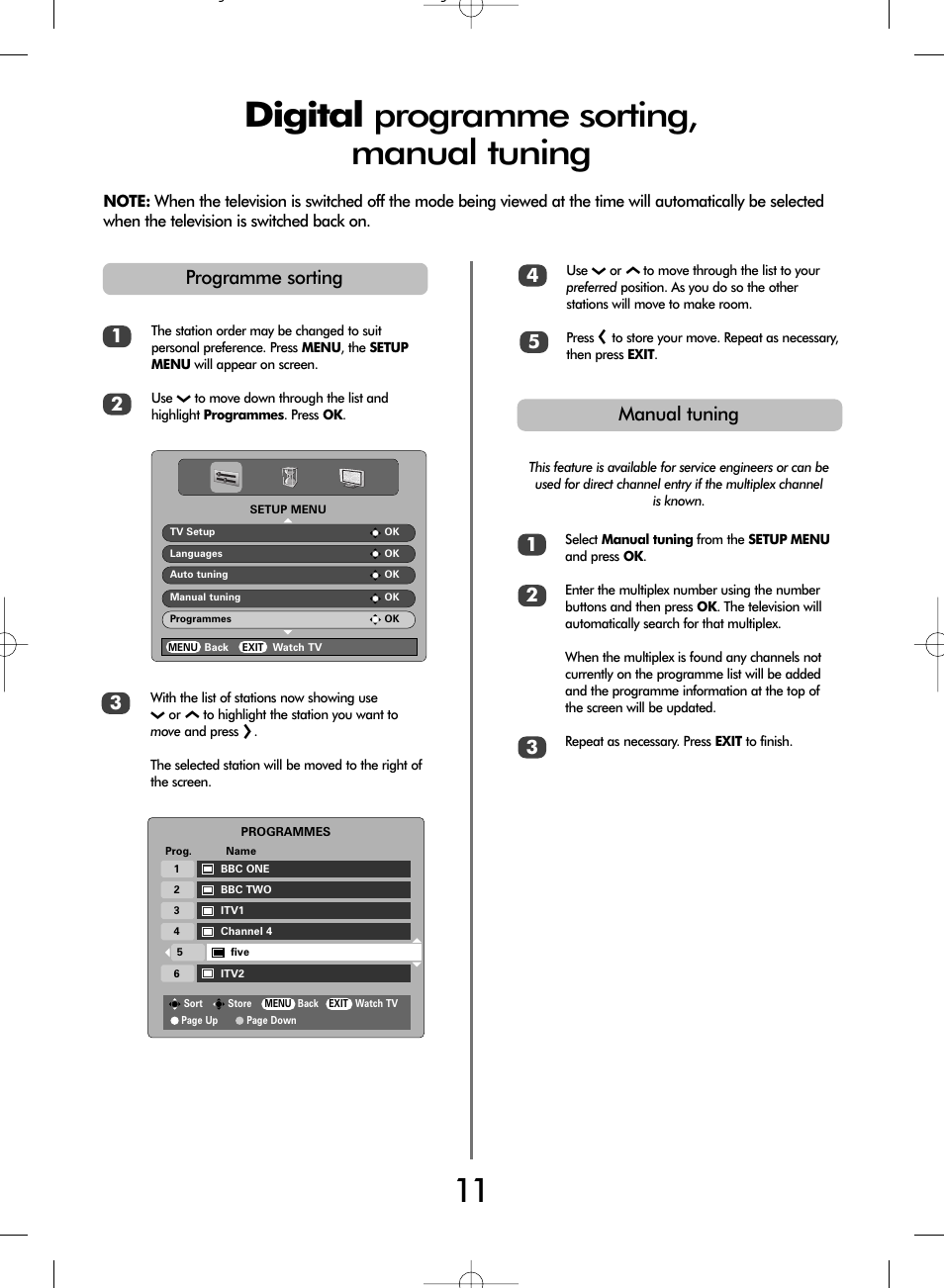 Digital programme sorting, manual tuning, Manual tuning 1, 2programme sorting | Toshiba WLT66 User Manual | Page 11 / 40