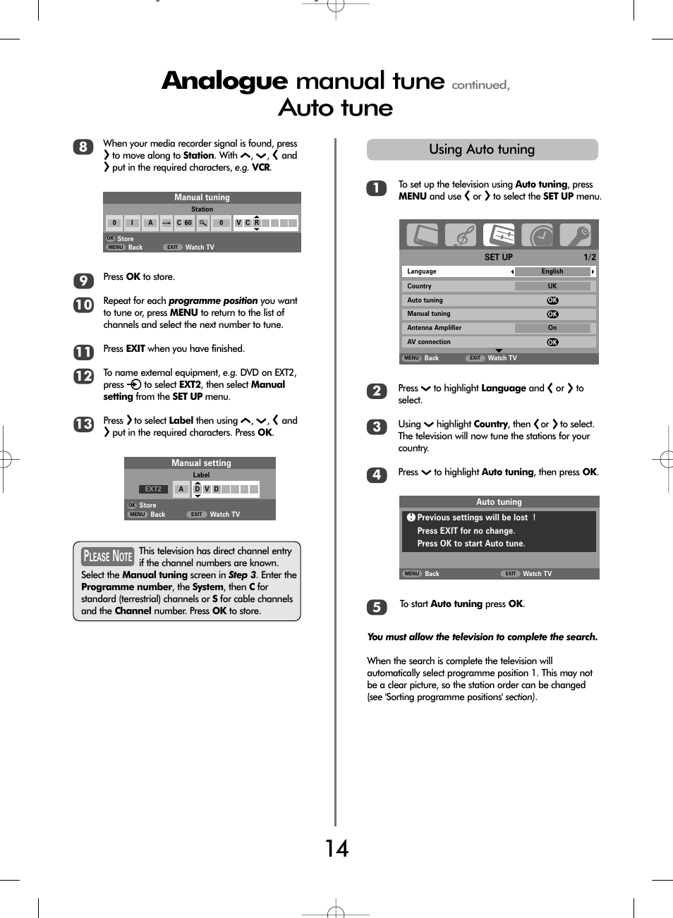 Analogue manual tune, Auto tune | Toshiba WLT66 User Manual | Page 14 / 40