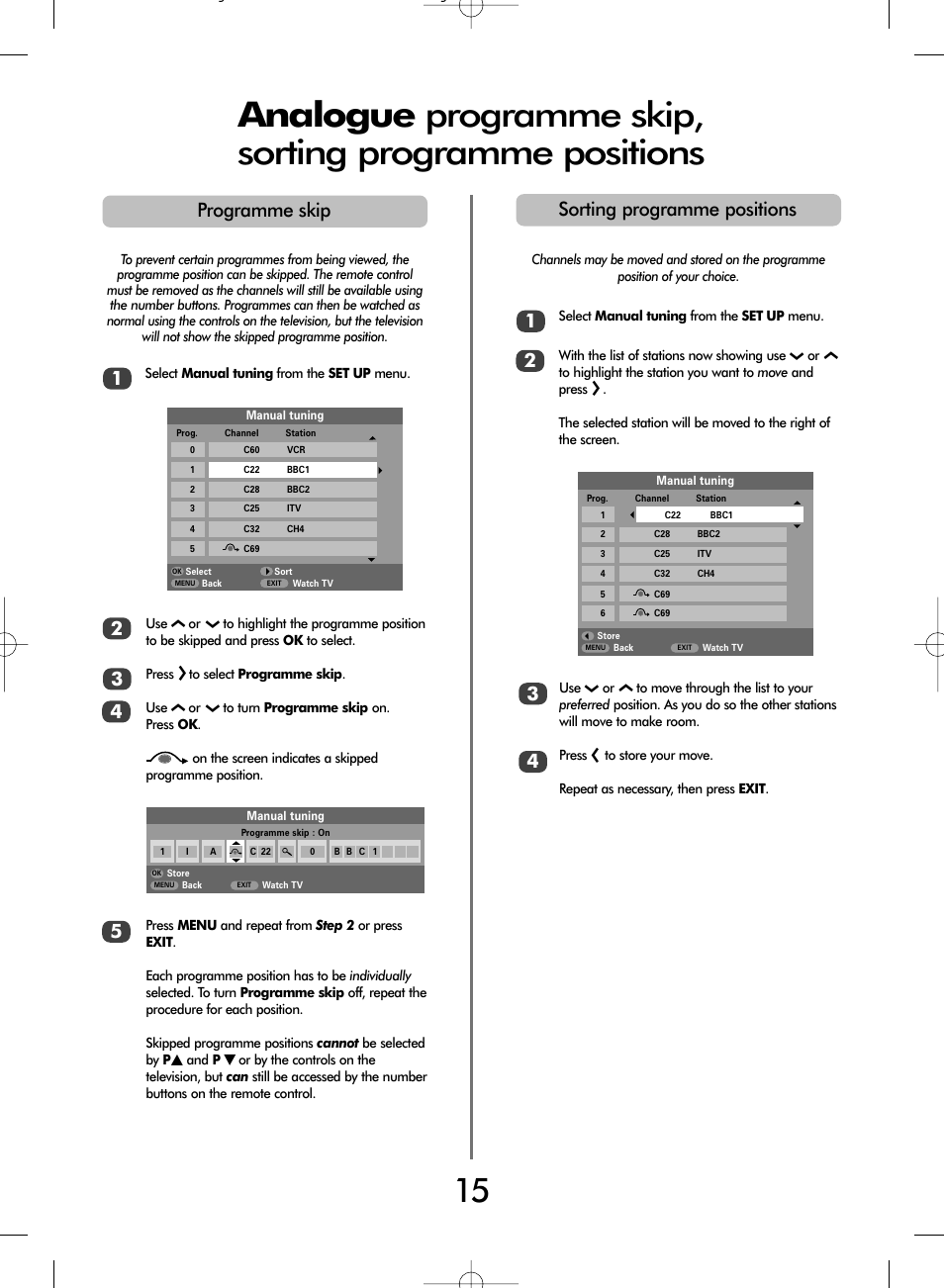 Programme skip, Sorting programme positions | Toshiba WLT66 User Manual | Page 15 / 40