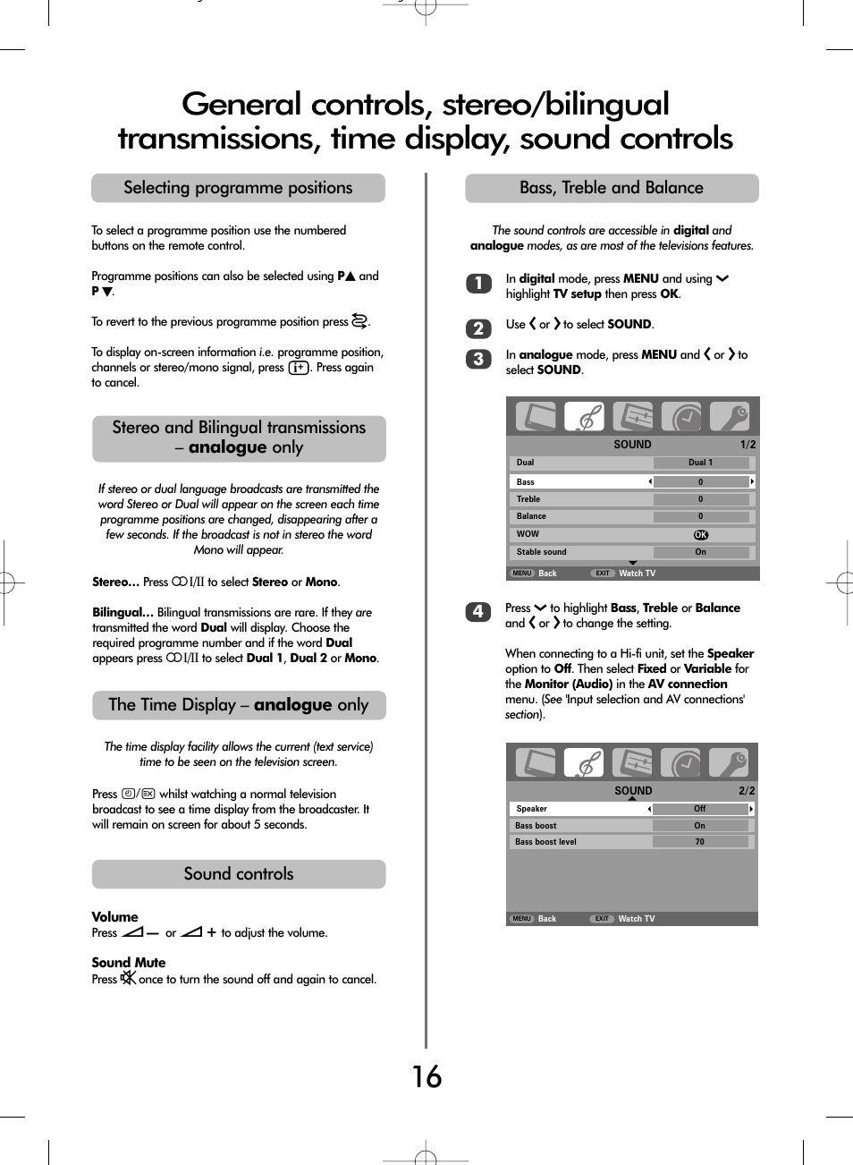 Bass, treble and balance 4, Selecting programme positions sound controls, The time display – analogue only | Stereo and bilingual transmissions – analogue only | Toshiba WLT66 User Manual | Page 16 / 40