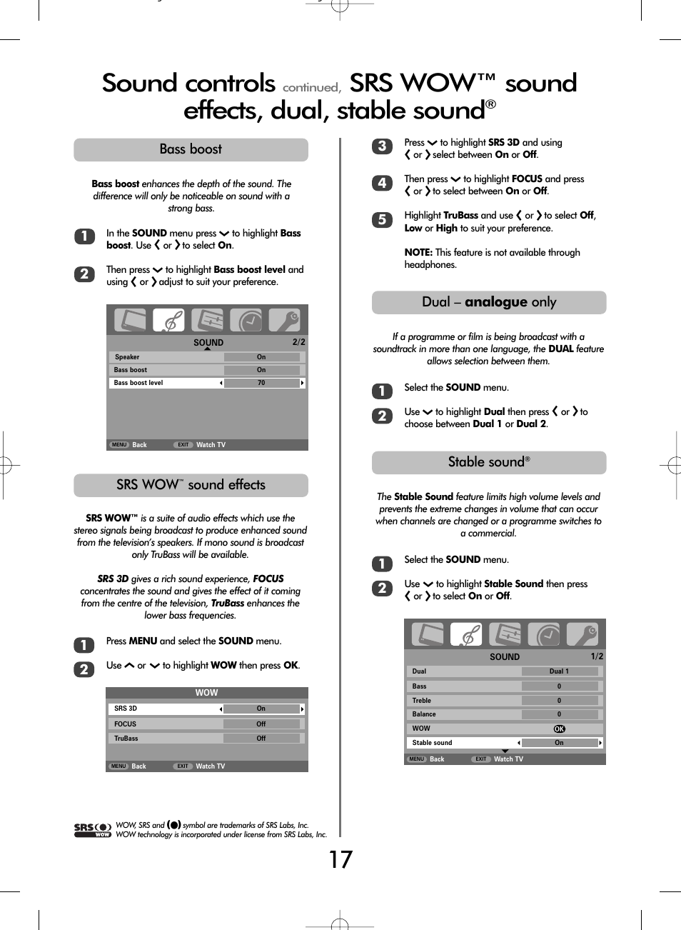 Sound controls, Srs wow™ sound effects, dual, stable sound, Srs wow | Sound effects, Stable sound, Bass boost, Dual – analogue only | Toshiba WLT66 User Manual | Page 17 / 40