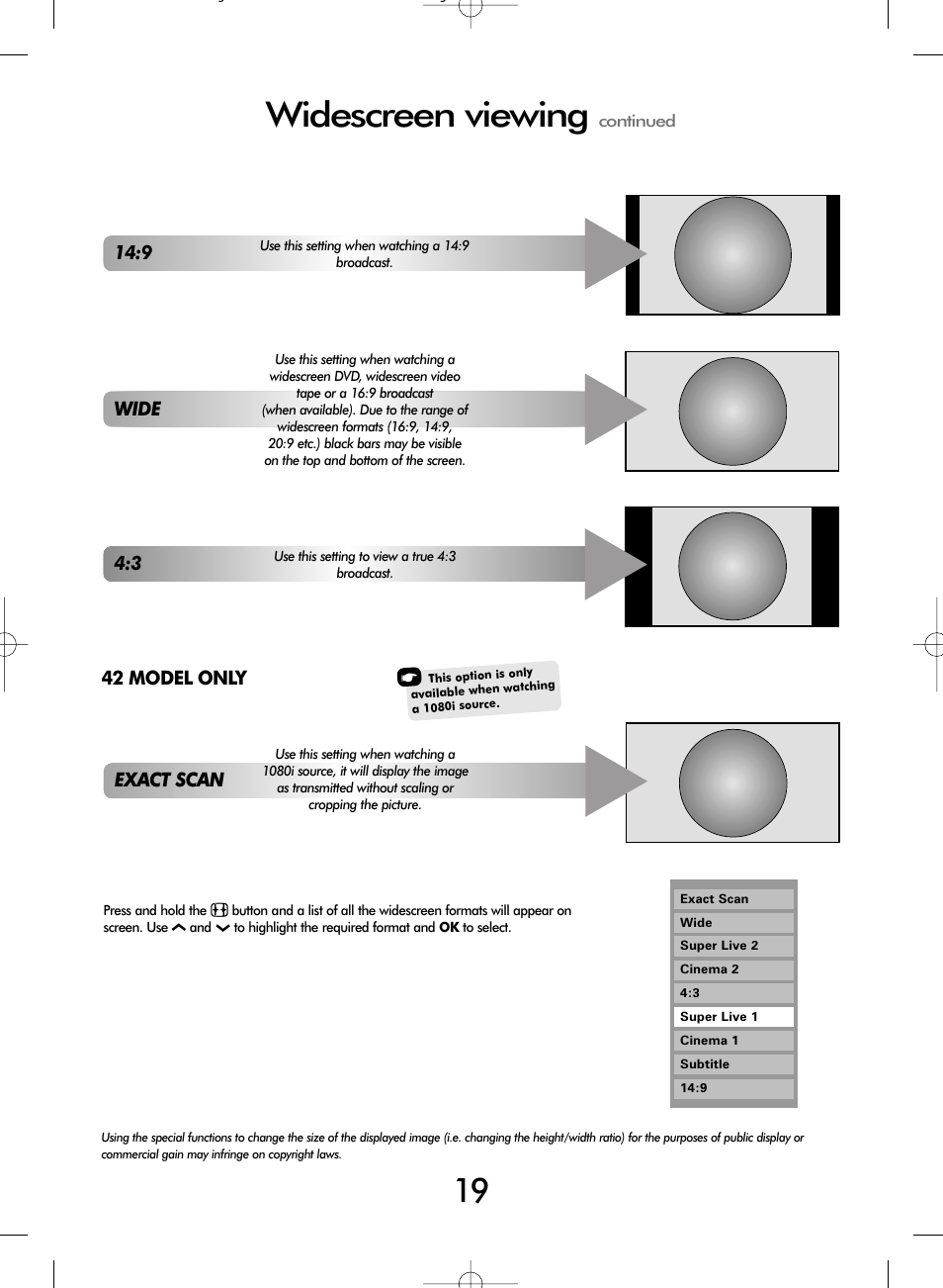 Widescreen viewing, Wide, Exact scan | 42 model only | Toshiba WLT66 User Manual | Page 19 / 40